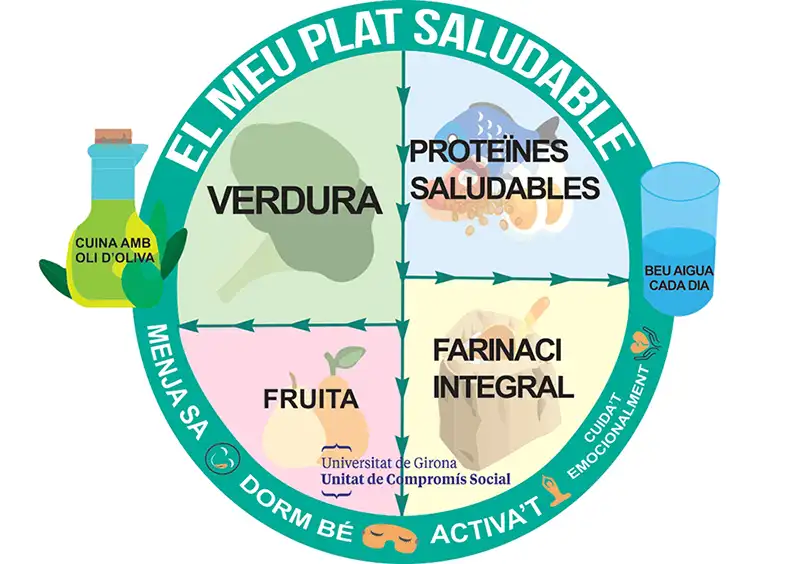 El meu plat saludable: verdura, proteïnes saludables, farinaci integral, fruita, cuina amb oli d'oliva, beu aigua cada dia. Menja sa. Dorm bé. Activa't. Cuida't emocionalment. Universitat de Girona - Unitat de Compromís Social